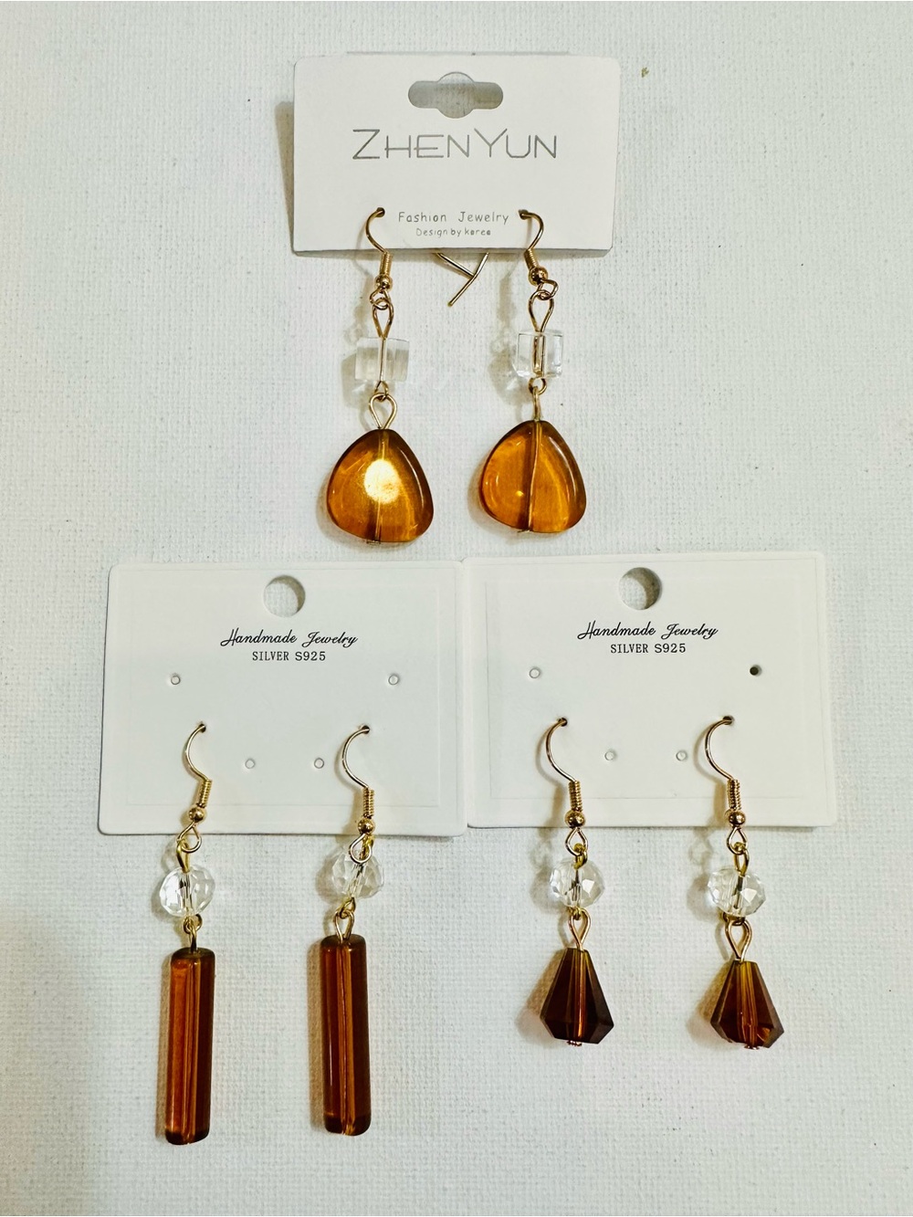 3 Pair Amber Crystal Drop Earring Bundle Gold Tone Fall Jewelry
